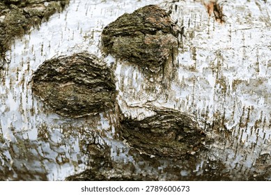 Close-up view of birch tree bark reveals its intricate textures and unique growth patterns. The rough surface displays varying shades of white and brown, highlighting nature's artistry.