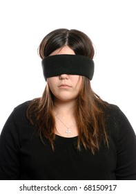 Closeup View Of A Blindfolded Teenager Who Is Wearing A Cross Necklace.  Could Be Used For Blind Faith.  Isolated Against A White Background.