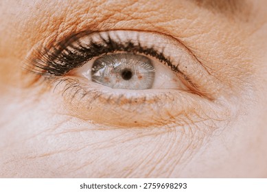 Close-up view of a blue iris and eyelashes, highlighting skin texture and reflections within the eye, emphasizing intricate details of human anatomy
