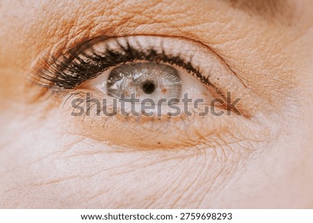 Close-up view of a blue iris and eyelashes, highlighting skin texture and reflections within the eye, emphasizing intricate details of human anatomy