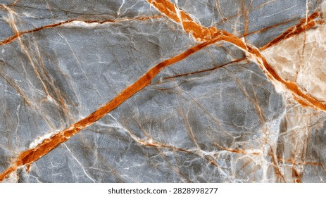 Close-up view of a blue marble surface with striking orange veins, creating an abstract and luxurious texture.