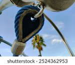 close-up view of a blue rope secured with a metallic thimble, the knot suspended in mid-air, with a palm tree and sky in the background, offering a mix of industrial and natural elements