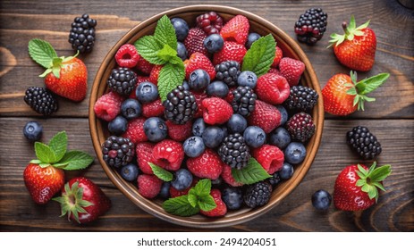 A close-up view of a bowl filled with various fresh berries, including blackberries, blueberries, raspberries, and strawberries, with mint leaves on a wooden table. - Powered by Shutterstock