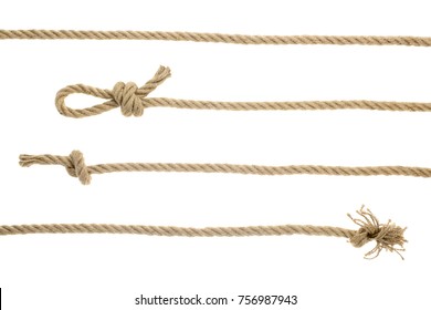 close-up view of brown nautical ropes with knots isolated on white 