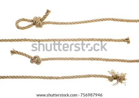 close-up view of brown strong nautical ropes with knots isolated on white 