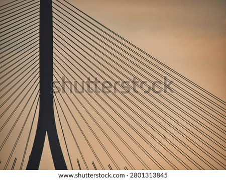 A close-up view of the cables and pylon of a cable-stayed bridge against a sunset sky. The symmetrical geometric patterns of the suspension cables create a stark silhouette at dusk.