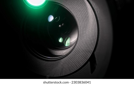 Close-up view of camera lens aperture. Film and photography concept.