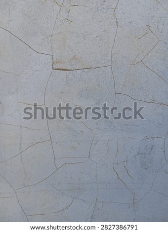 A close-up view capturing the severely cracked and damaged facade of an old, light-blue painted concrete wall, perfect for texture and abstract background use. The surface is completely covered in a complex, interconnecting network of fine and medium fissures that divide the plaster into countless irregular, polygonal fragments, resembling a jigsaw puzzle or a dried riverbed. The light grey-blue paint is heavily weathered, chalky, and marked with small reddish-brown rust spots and mineral streaks, particularly around the edges of the largest fractures, highlighting the material's structural fatigue and moisture issues. A slightly more prominent horizontal crack runs near the center, providing a subtle anchor point for the visual pattern. The overall texture is rough, dry, and distressed, showing significant neglect and natural erosion. This raw visual can serve as a detailed material texture for creative design projects, urban studies, construction defect reports, and conceptual art dealing with age and ruin. The diffuse lighting prevents harsh contrast and retains fine details.