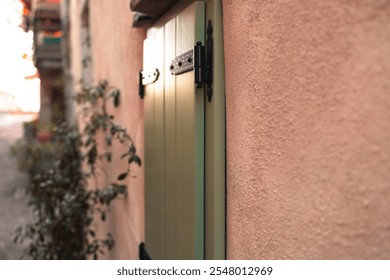 A close-up view of a charming green wooden door set in a pastel stucco wall, with creeping plants adding a natural touch to the scene. The soft lighting enhances the rustic and timeless appeal. - Powered by Shutterstock