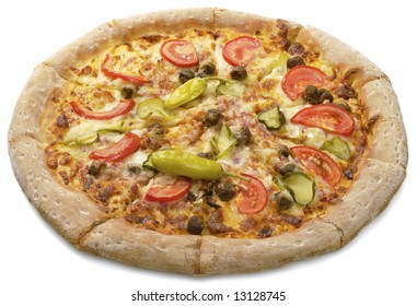 Close-up View To Cheeseburger Pizza With Pepperoni, Tomato, Cucumber, Bacon  And Spinach. Shallow Depth Of Field. Not Isolated, Shot In Studio On White.