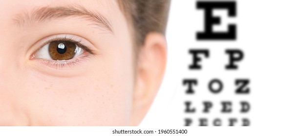 Closeup View Of Child And Blurred Eye Chart On Background, Banner Design. Visiting Ophthalmologist 