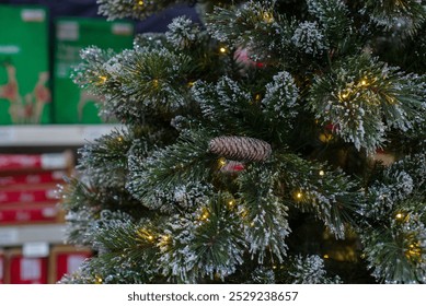 A close-up view of a Christmas tree branch with faux snow, pine needles, a pine cone, and twinkling lights. - Powered by Shutterstock