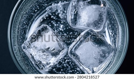 A close-up view of clear ice cubes floating in bubbly, sparkling water, creating a refreshing and invigorating visual.