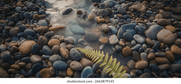 A close-up view of a collection of smooth, rounded river stones partially submerged in clear, shallow water. A vibrant green fern frond rests among the stones.