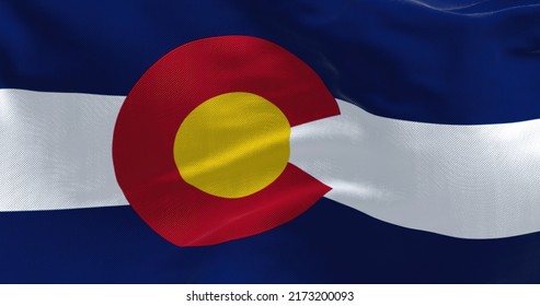 Close-up View Of The Colorado Flag Waving. Colorado Is A United States State Located In The Rocky Mountains Region