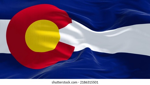 Close-up View Of The Colorado Flag Waving. Colorado Is A United States State Located In The Rocky Mountains Region