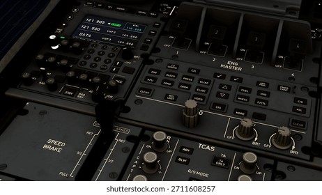 Close-up view of the complex avionics panel in a modern jet cockpit