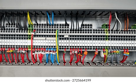 A close-up view of a complex electrical control panel with numerous wires and terminal blocks, organized and labeled for industrial use.