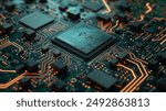 A close-up view of a computer circuit board featuring a central processing unit (CPU) surrounded by various electronic components and intricate wiring.