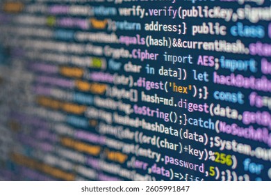 Close-up view of computer code C, Java syntax, highlighted in typical coding editor colors on a screen against a neutral backdrop, possibly conveying technology, programming, or software developm