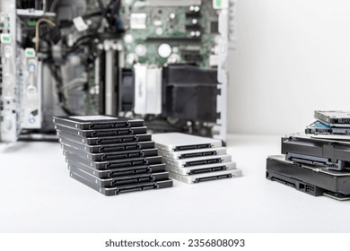 Close-up view of computer hard disk  and SSD drives PC upgrade, repair and data restoration concept