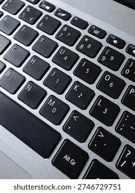 close-up view of a computer keyboard showing punctuation keys and letter button, highlighting modern technology and typing tools.