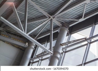 close-up view of the connection of metal beams. strong iron construction made of channels that holds the roof