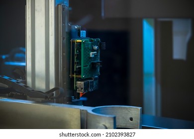 Close-up View Of Controlling Board Of Robotic Arm Located In Automated Vending Machine Cafe. Business Automation Theme.