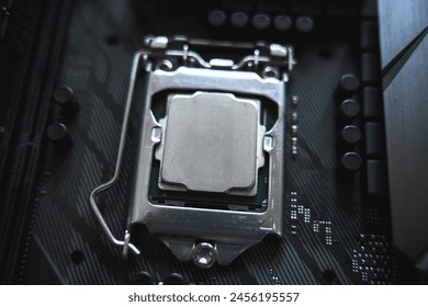 Close-Up View of CPU on Motherboard. Central Processor Detail