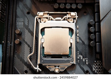 Close-Up View of CPU on Motherboard. Central Processor Detail