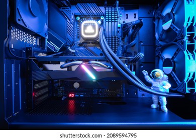 Close-up View Of A Custom-built Gaming PC With Liquid CPU Cooler And RGB Lighting. Premium Gaming Setup. Gaming Computer. Desktop PC.