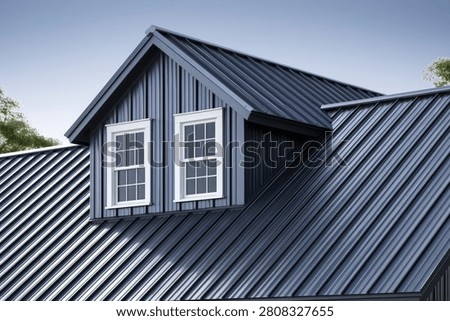 Close-up view of a dark gray standing seam metal roof on a residential building, featuring a prominent dormer with two windows.