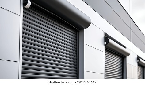 Close-up view of dark grey rolling security shutters on a modern commercial building facade with white paneling.