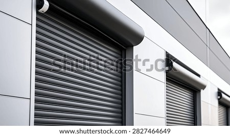 Close-up view of dark grey rolling security shutters on a modern commercial building facade with white paneling.