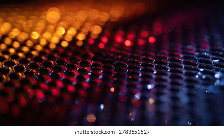 A close-up view of a dark hexagonal grid illuminated by vibrant, out-of-focus bokeh lights in shades of orange, red, and blue.