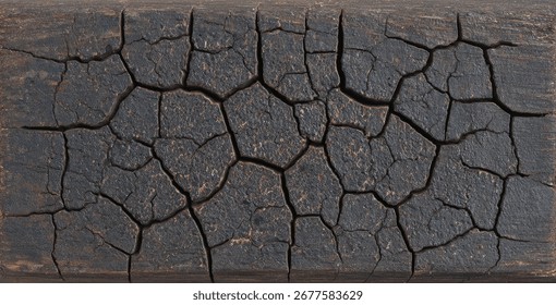 Close-up view of a dark, rectangular piece of wood with a heavily cracked and weathered surface.  The cracks are numerous and create a complex pattern across...