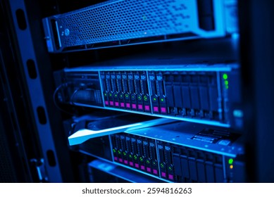 A close-up view of a dark server room featuring multiple data storage units illuminated by blue lights. Technology and network equipment showcase modern digital infrastructure.