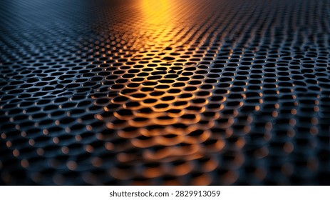 Close-up view of a dark, textured surface with a repeating hexagonal pattern, illuminated by a warm orange light reflecting on its surface.