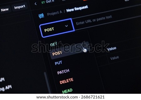 A close-up view of a dark user interface showing a hand cursor selecting the POST HTTP method for a new web service request, highlighting API development