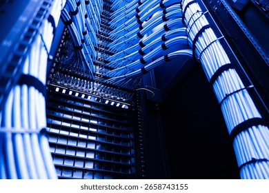 A close-up view of a data center, showcasing organized cable management for efficient connectivity. The blue tones highlight the modern technology used for data processing.