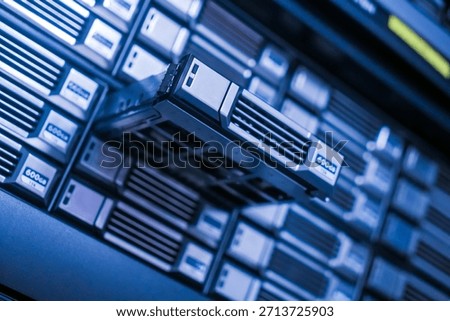 A close-up view of a data server storage device in an advanced data center, showcasing modern technology and efficient hardware solutions for data management.