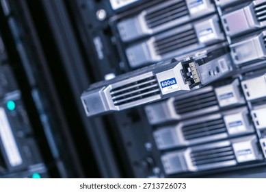 Close-up view of a data storage device within a server rack. The image highlights technology designed for high-capacity data management and performance.