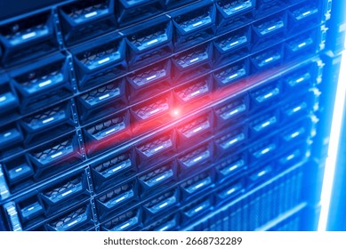 Close-up view of a data storage server rack showcasing advanced technology with illuminated designs, emphasizing modern computing and data management systems.