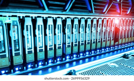 Close-up view of data storage units mounted in a server rack, showcasing technology innovation with illuminated LED lights and a modern design for efficient data management.