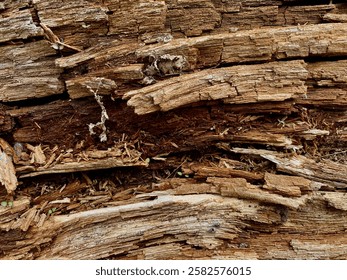 close-up view of decayed wood with a rough, cracked, and layered texture, showing signs of decomposition and natural aging