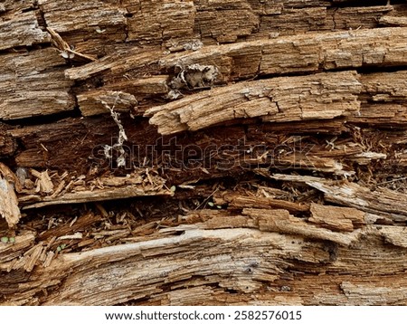 close-up view of decayed wood with a rough, cracked, and layered texture, showing signs of decomposition and natural aging