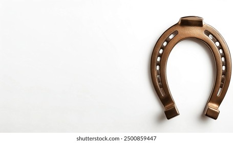 closeup view of a decorative horseshoe or horse shoe for design or decor in a farm style home or house.  pointing down means bad luck or bad omen fortune. Isolated on white background with copy space