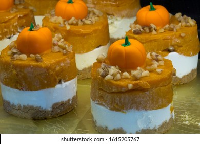 Close-up View Of Delicious Pumpkin Sweets For Halloween Concept. Patisserie, Halloween, Pumpkin, Cake Concepts. Horizontal Shooting.