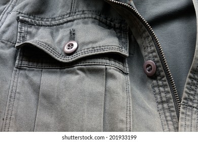 Close-up View Of A Denim Jacket, Focused On A Pocket