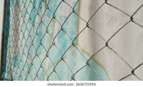 Close-up view of a diamond-patterned wire mesh fence or net, with a soft blue and white background visible through its openings.
